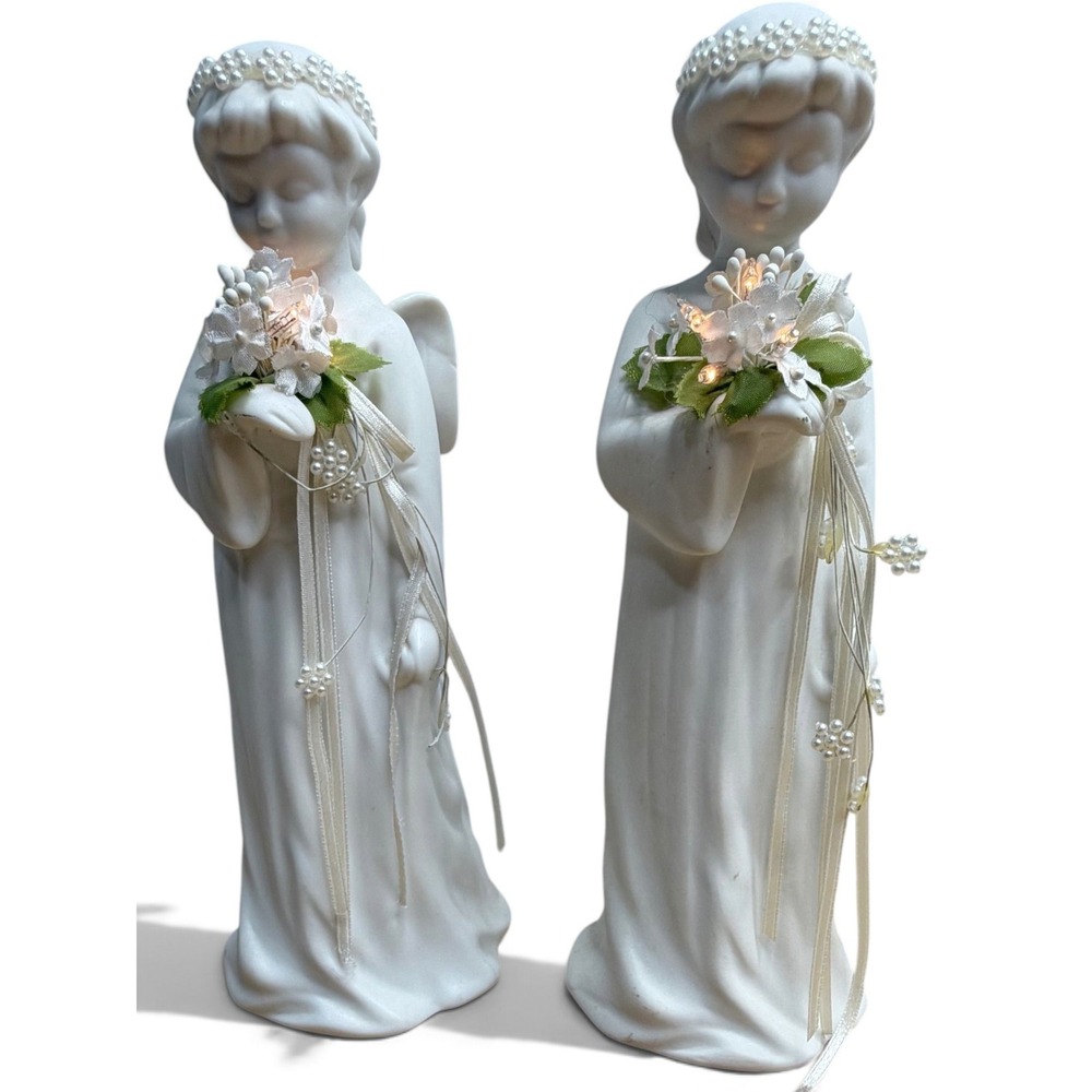 Vintage Bisque Porcelain Light Up Angels Set of 2 Pearl Crown Floral Bouquet